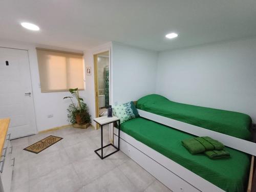 Un dormitorio con una cama verde y una mesa en Lo de Tomy en Río Grande