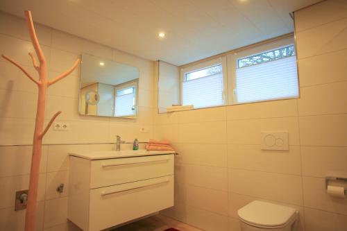 ein Badezimmer mit einem Waschbecken, einem WC und einem Spiegel in der Unterkunft FReiraum in Güttingen