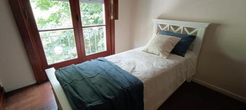 um quarto com uma cama com almofadas azuis e uma janela em Mirasoles 44 em La Plata