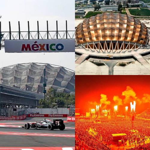 a collage of pictures of a stadium with a fire at Departamento Foro Sol, Autódromo y Palacio in Mexico City