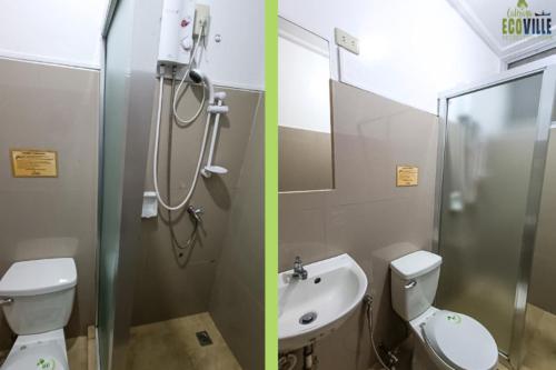 a bathroom with a shower and a toilet and a sink at Caliraya Ecoville Recreation and Farm Resort in Cavinti
