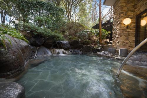 a pool of water with a waterfall in a yard at nol hakone myojindai in Hakone