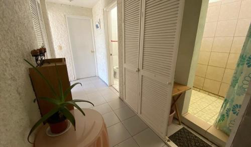 a bathroom with a toilet and a door with a plant at Agradable hogar en Playas de Tijuana in Tijuana