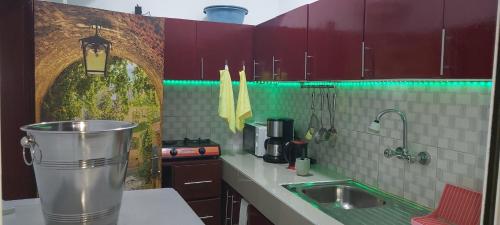 阿比讓的住宿－Agreable Studio Meuble，厨房配有水槽和柜台上的水桶