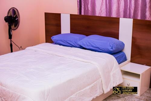 a bedroom with a bed with blue pillows on it at Eti-Usen Apartment in Uyo