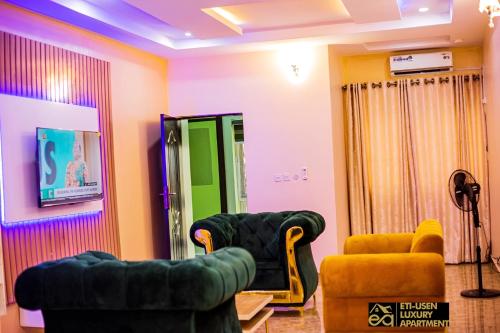 a living room with two chairs and a mirror at Eti-Usen Apartment in Uyo