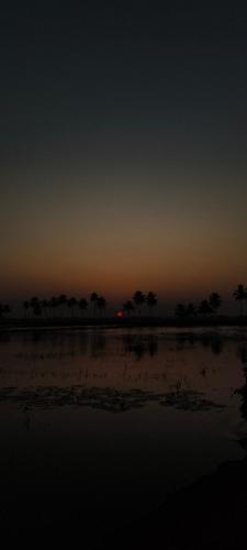 a sunset over a field with trees in the distance at Riverdale Homestay Kumarakom by LexStays in Kumarakom