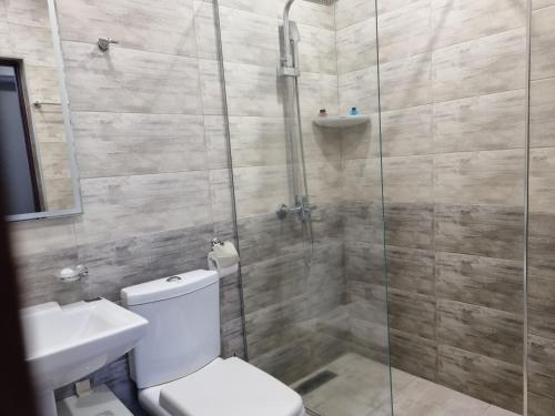 a bathroom with a shower with a toilet and a sink at Dayssin Boutique hotel in Yerevan