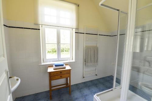 a bathroom with a shower and a window at Gut Grubnow Rügen - Ferienwohnung 6 in Neuenkirchen