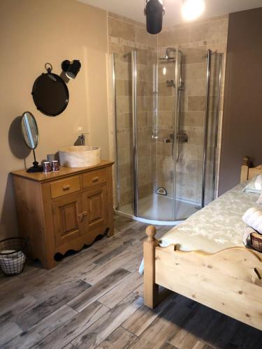 a bathroom with a shower and a bed and a sink at Chambres d'hôtes d'Albertine in Lere