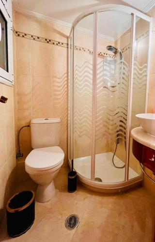 a bathroom with a toilet and a shower at Dreamy Luxury Studio in Nafpaktos