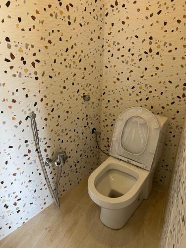 een badkamer met een toilet in een kamer met een muur bij Al-Reem TwonHouse in Al Baha