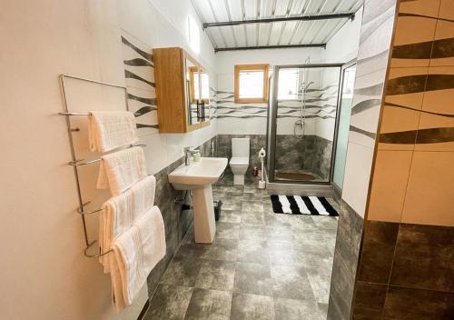 La salle de bains est pourvue d'un lavabo et d'une douche. dans l'établissement 3 bedroom Villa - Private and Spacious, à Pointe aux Cannoniers