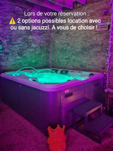 bañera de hidromasaje en una habitación con iluminación púrpura en Ty Ker Spa Brocéliande, en Saint-Malon-sur-Mel