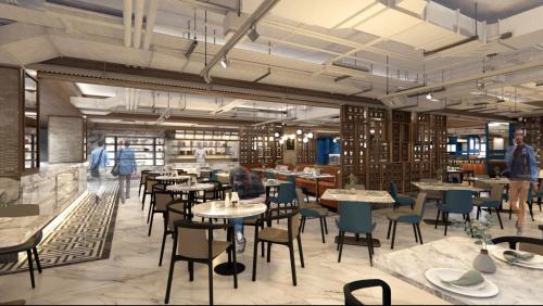a rendering of a restaurant with tables and chairs at Mövenpick Hotel Jakarta City Centre in Jakarta