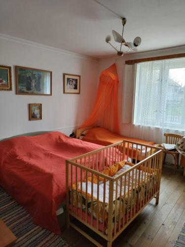 a bedroom with a bed with a crib in it at Vinyl House in Strekov
