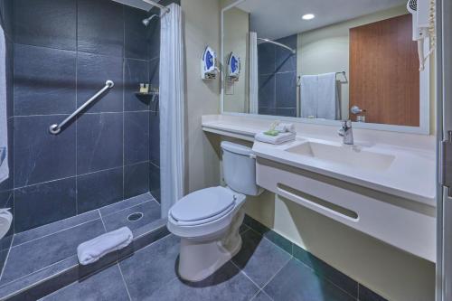 a bathroom with a toilet and a sink and a shower at City Express Plus by Marriott Patio Universidad in Mexico City