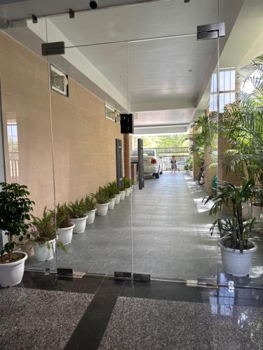 a hallway with potted plants in a building at Aarna studio in Jaipur