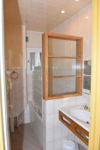 La salle de bains est pourvue d'un lavabo et d'une douche. dans l'établissement Logis Hôtel Restaurant Grand Hôtel de Lyon, à Vals-les-Bains