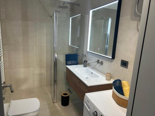 a bathroom with a shower and a toilet and a sink at Vila Milanezi in Višnjan