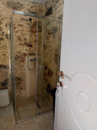 a shower with a glass door in a bathroom at Roza Stone Studio & Suite in Goníai