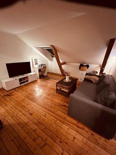 a living room with a couch and a flat screen tv at Leilighet midt på Solsiden in Trondheim