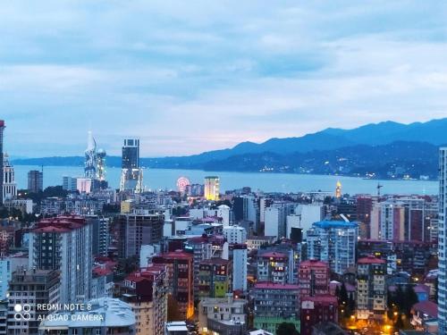 a view of a city at night with the water at Dream apartment in Batumi