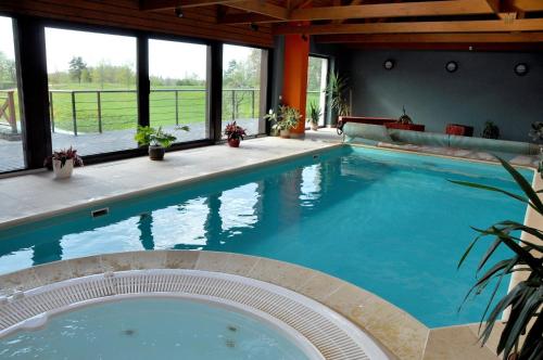 a large swimming pool with blue water in a house at Viesu nams Bezdubeņi in Sukturi