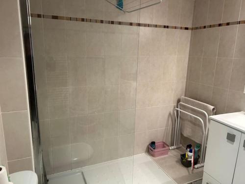 a bathroom with a shower with a toilet and a sink at Appartement plein centre in Antibes