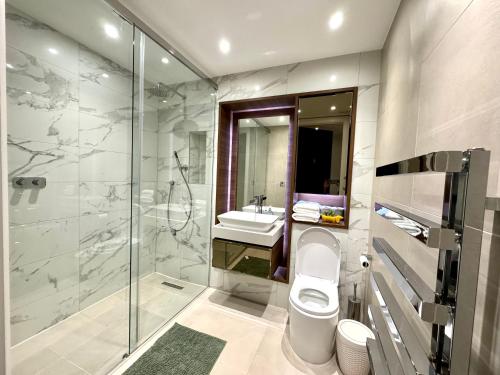 a bathroom with a toilet and a sink and a shower at Tower Bridge, London Luxury Flat with Beautiful Garden Views in London