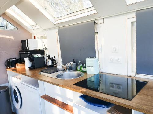 une cuisine avec un évier et un micro-ondes dans l'établissement EXIGEHOME - Péniche 120 m2 en bord de Seine calme et verdoyant, à Le Port-Marly