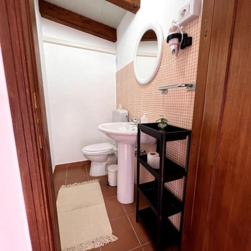 bagno con lavandino, servizi igienici e specchio di Casa vacanza da Nonna Nunziata a Torrenova