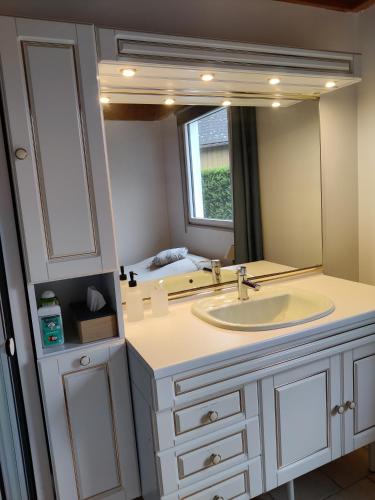 une salle de bain avec un lavabo et un grand miroir dans l'établissement Maison calme et lumineuse de plain-pied, à Cabourg