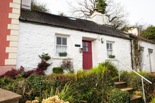 a white house with a red door at Maes yr Afon St Dogmaels in Saint Dogmaels