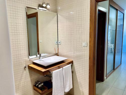 een badkamer met een wastafel en een spiegel bij Casona Molinos del Agua in Arnuero