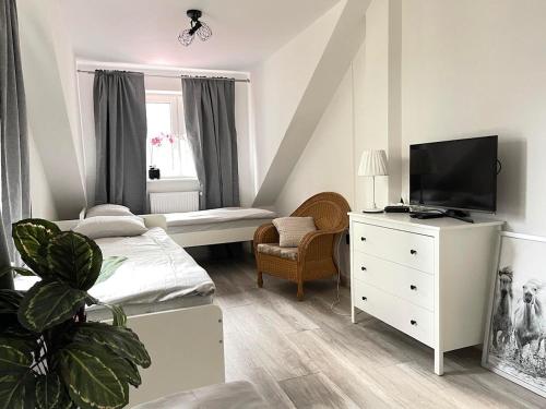 Schlafzimmer mit einem Bett und einer Kommode mit einem TV in der Unterkunft Ostoya Roztocze in Szczebrzeszyn