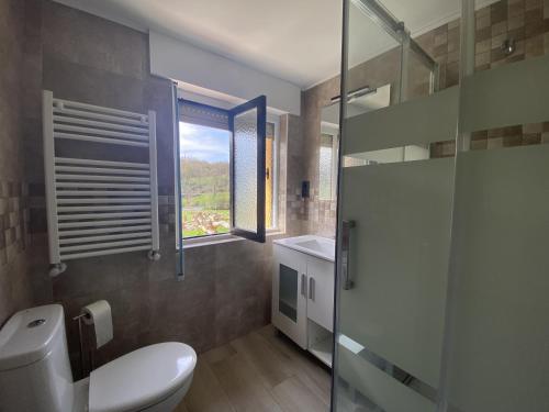 een badkamer met een toilet, een wastafel en een raam bij Casa El Molín 1 Soto de Dueñas in Arriondas