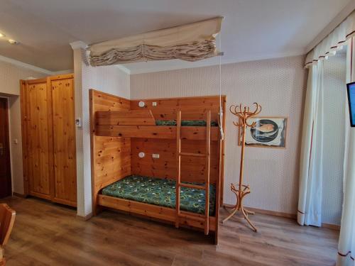 a bedroom with a wooden bunk bed in a room at Villaggio Turistico Ploner - nel cuore delle Dolomiti tra Cortina e Dobbiaco in Dobbiaco