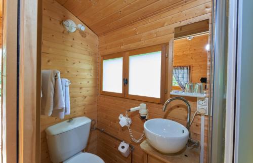 La salle de bains est pourvue de toilettes blanches et d'un lavabo. dans l'établissement Alsace Village, à Obersteinbach
