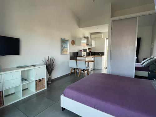 Cet appartement comprend une chambre avec un lit violet et un salon. dans l'établissement Plage à 400 m Studio tout confort Terrasse Clim Parking, à Hyères