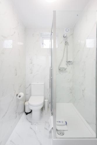 a white bathroom with a toilet and a shower at Budget City Center Apartment Aldgate - Tower Bridge in London