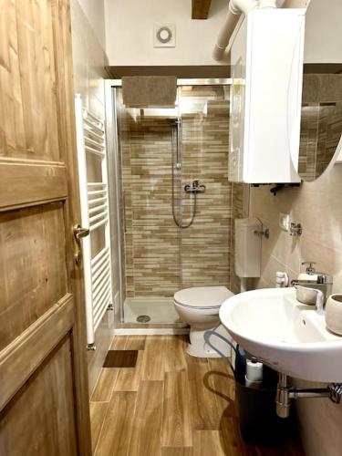 a bathroom with a shower and a toilet and a sink at Jazz Shelter! Relax tra le vette abruzzesi! in Ovindoli