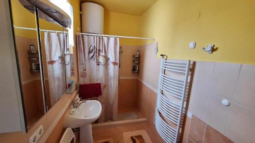 y baño con ducha y lavamanos. en Sissi Residence with free parking lot en Budapest