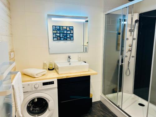 een badkamer met een wastafel en een wasmachine bij Au P'tit Randonneur avec terrasse - CLG - 1CH - 1 SDB in Chevillard