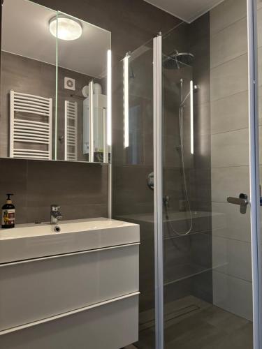 a bathroom with a white sink and a shower at Panorama Apartman Zamardi in Zamárdi