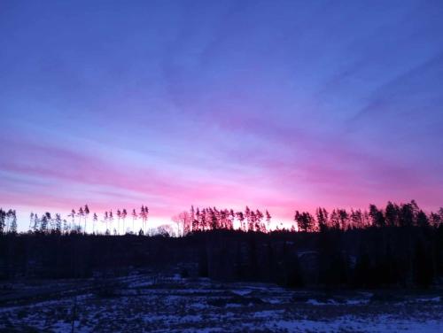 a sunset over a field with trees and snow at Chill and stay in Ösmo