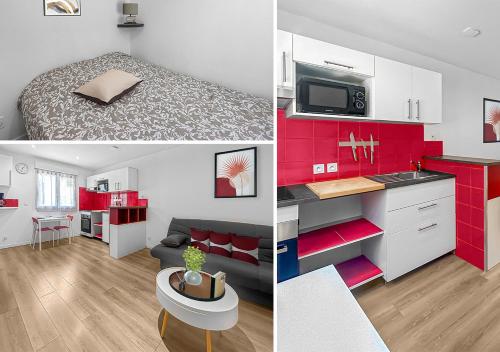 - deux photos d'une cuisine et d'un salon dans l'établissement Retraite Bucolique à Leyment, à Leyment