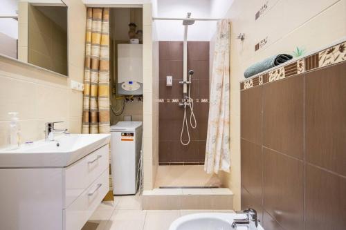 a bathroom with a shower and a toilet and a sink at Marianna apartment in Budapest