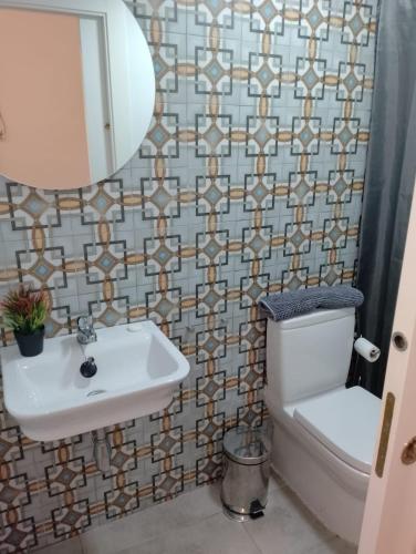 y baño con lavabo, aseo y espejo. en HABITACION INDIVIDUAL, en Sevilla