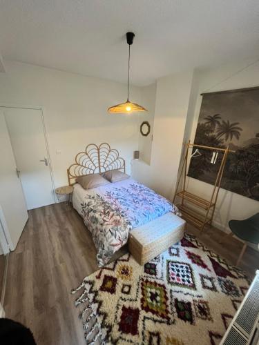 une chambre avec un lit et un tapis dans l'établissement Cosy Center Av Des États-Unis, à Clermont-Ferrand